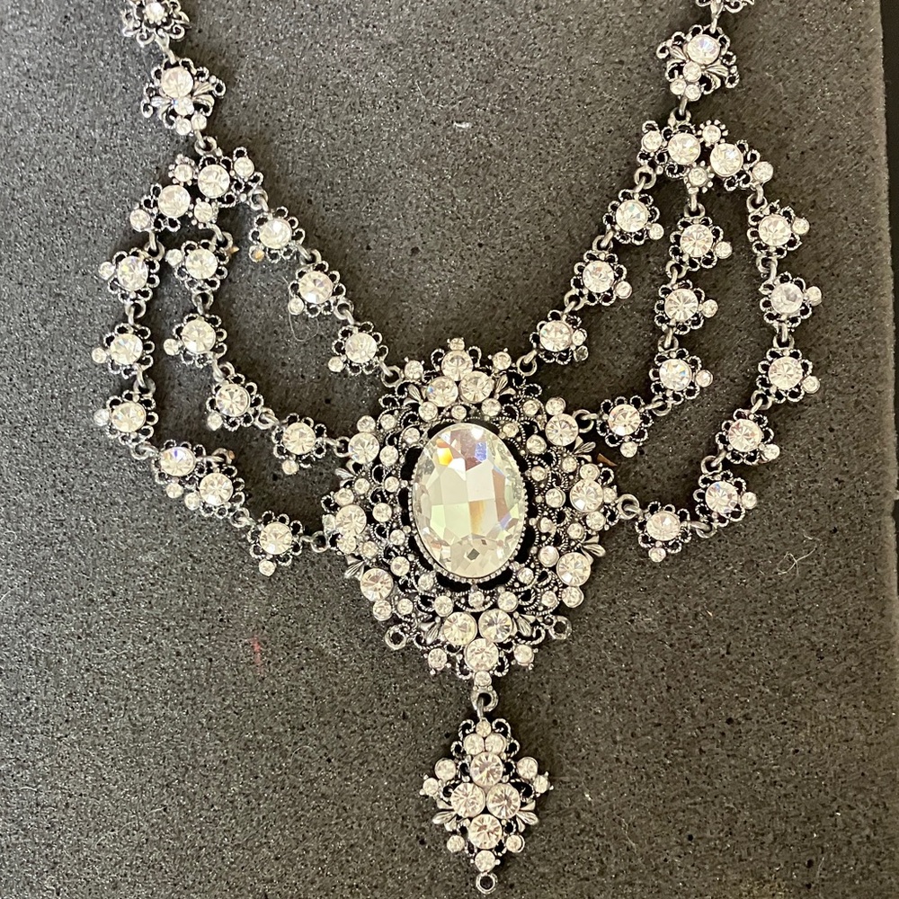 Elegant Silver and Crystal look Statement Necklace